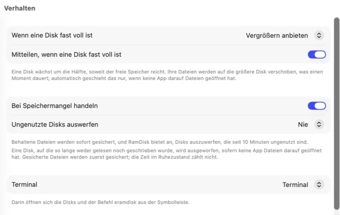 Einstellungen von Exlade RamDisk für Mac, Bereich „Verhalten“: was passiert, wenn eine Disk fast voll ist und wenn der Arbeitsspeicher knapp wird