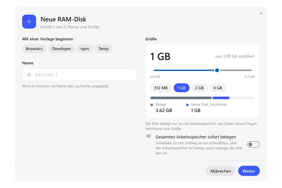 Exlade RamDisk - Disk erstellen und Vorlagen