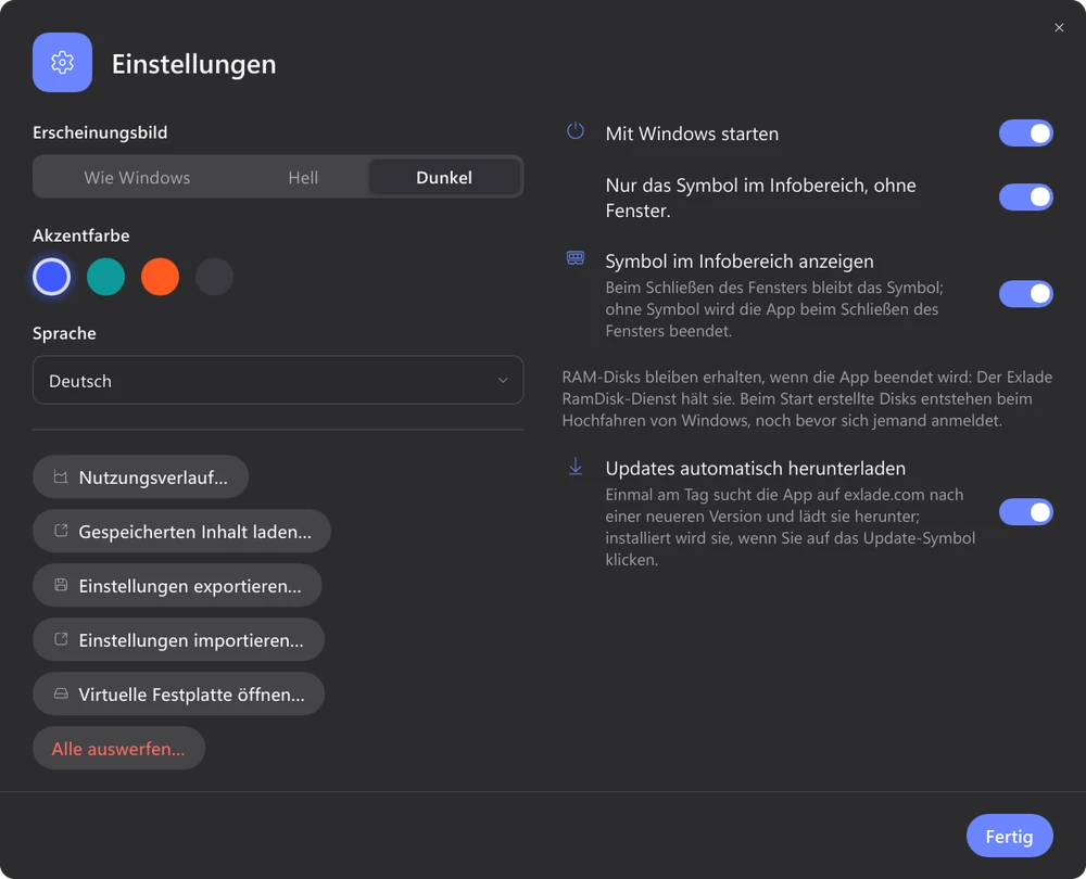 Einstellungen von Exlade RamDisk im dunklen Design: Erscheinungsbild, Akzentfarbe, Sprache