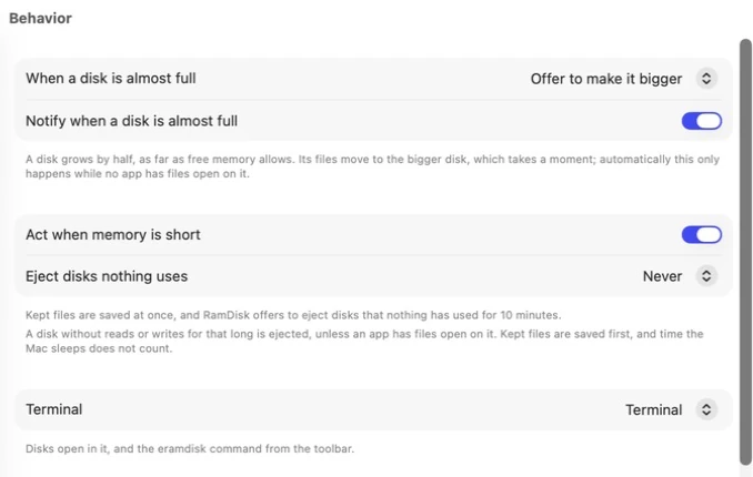 Exlade RamDisk settings on a Mac, Behavior tab: when a disk is almost full, act when memory is short, eject disks nothing uses