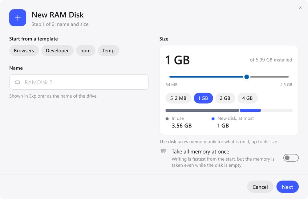 New RAM disk window in Exlade RamDisk for Windows with the Browsers, Developer, npm and Temp templates