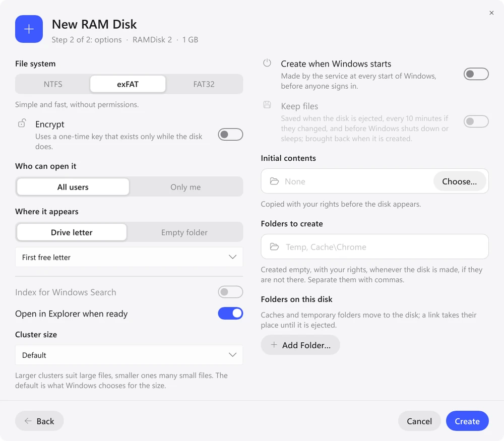 Options of a new RAM disk in Exlade RamDisk: Create when Windows starts, Keep files and Add Folder