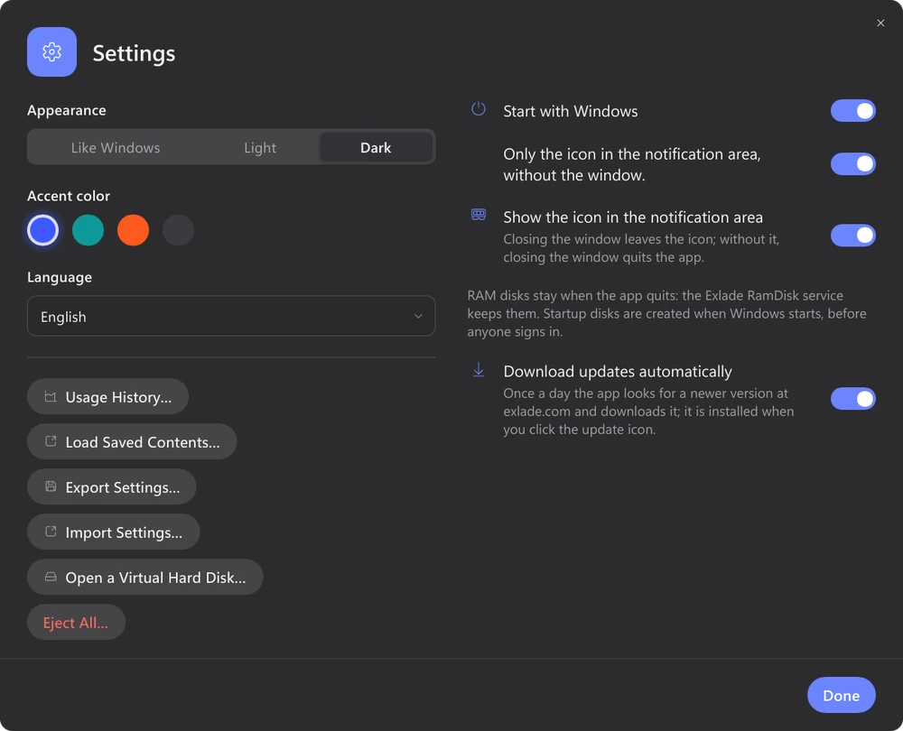 Exlade RamDisk settings in the dark theme: appearance, accent color, language