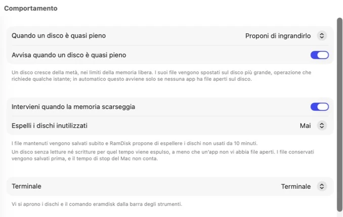 Impostazioni di Exlade RamDisk per Mac, sezione «Comportamento»: cosa fare quando un disco è quasi pieno e quando manca memoria
