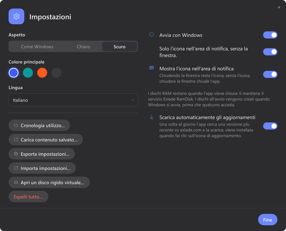 Impostazioni di Exlade RamDisk con il tema scuro: aspetto, colore principale, lingua