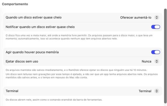 Ajustes do Exlade RamDisk para Mac, seção “Comportamento”: o que fazer quando um disco está quase cheio e quando falta memória