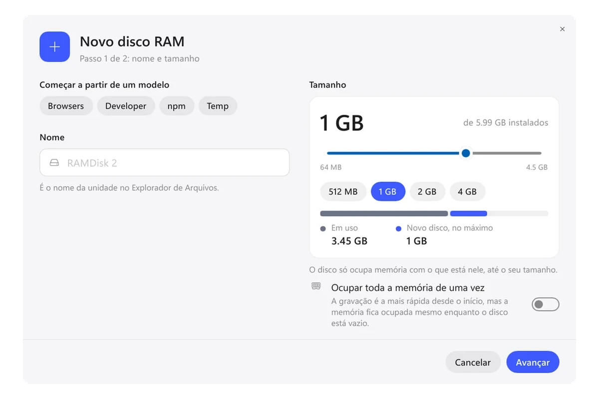 Exlade RamDisk - criação de disco e modelos