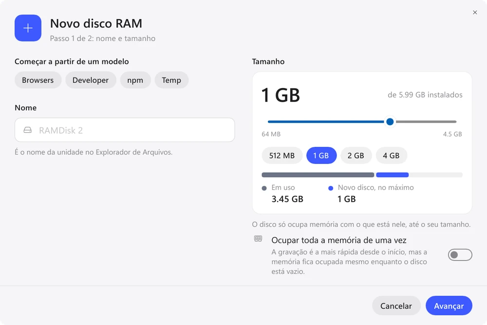 Criação de um disco RAM no Exlade RamDisk para Windows: modelos Browsers, Developer, npm e Temp, nome e tamanho