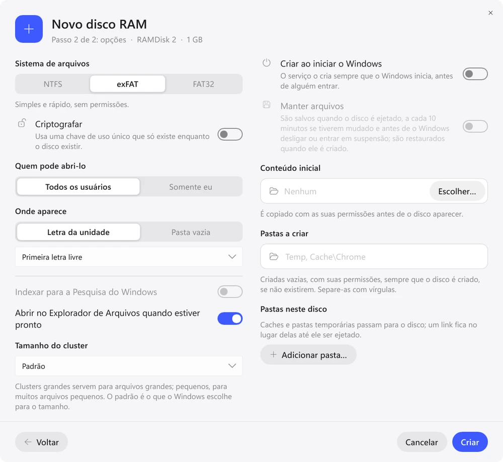 Opções do novo disco no Exlade RamDisk para Windows: sistema de arquivos, criptografia, criar ao iniciar o Windows, manter arquivos