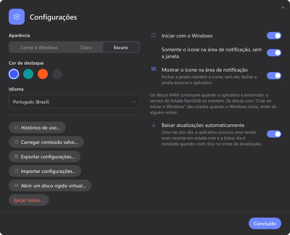 Configurações do Exlade RamDisk no tema escuro: aparência, cor de destaque, idioma